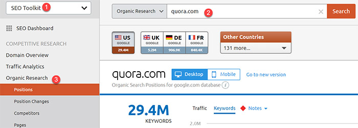 Analyzing Quora inside SEMrush Analyzing Quora inside SEMrush