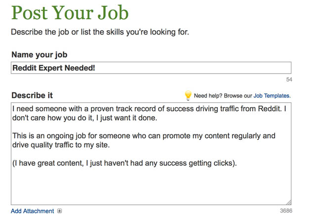 Reddit job posting on Elance