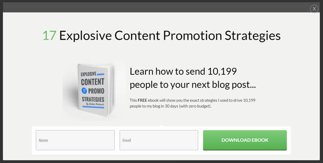 List building with content promotion ebook popup