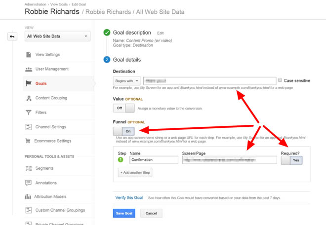 Google analytics goal funnel setup