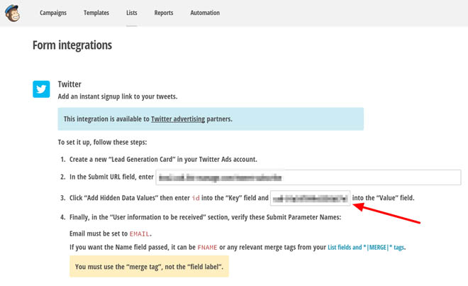 Mailchimp custom key id for lead generation cards