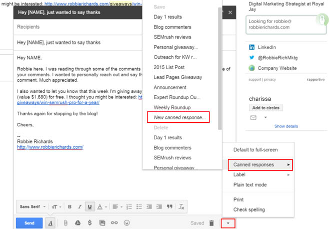 Giveaway outreach with Gmail canned responses