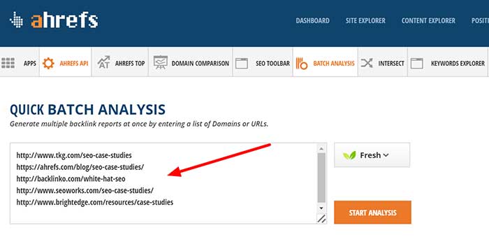 Ahrefs Batch Analysis tool