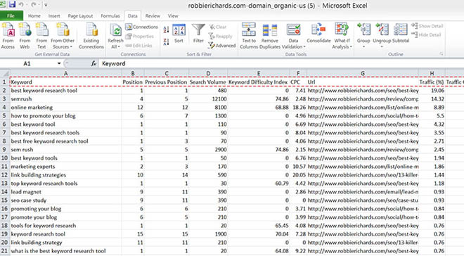 Excel spreadsheet with data imported