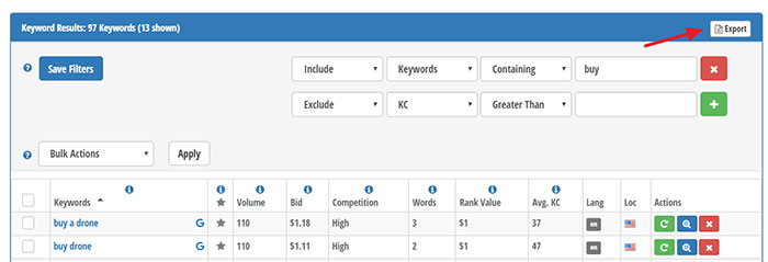 Export keyword data