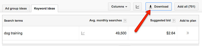 Export from Google Keyword Planner