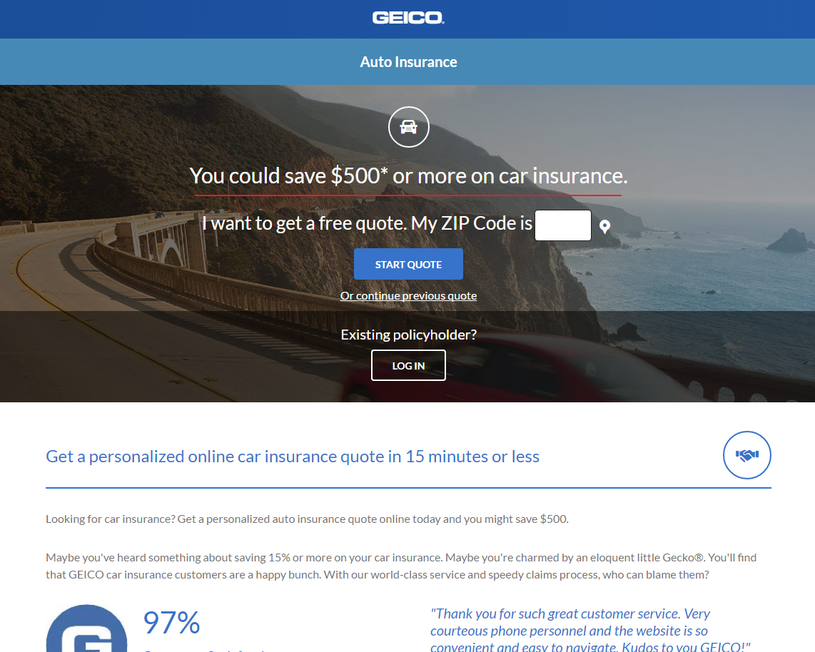 GEICO landing page example