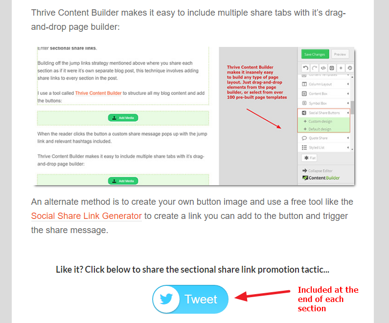 Sectional share link CTAs