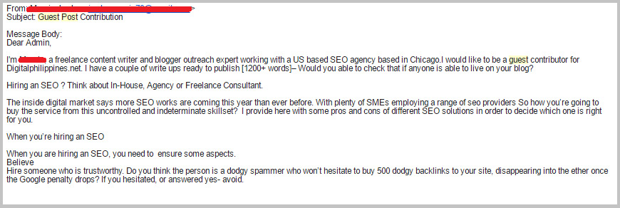 Bad example of a guest post pitch