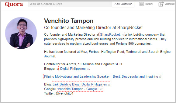 Quora profile of Venchito Tampon