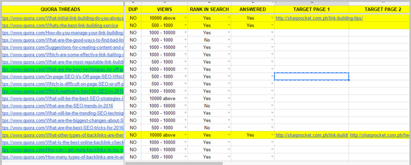 Quora tracking spreadsheet