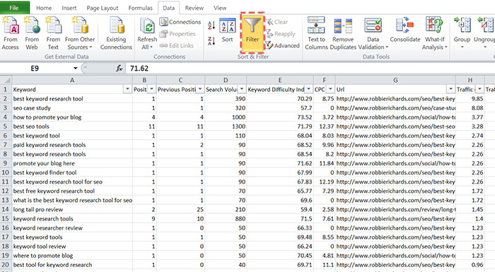 Adding filters to spreadsheet