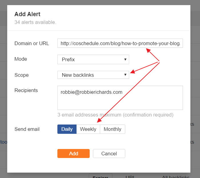 Setting up competitor link alerts in Ahrefs