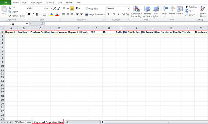 Create a keyword opportunities tab in your spreadsheet