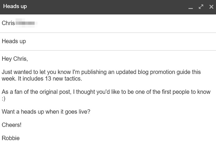 Email outreach example to promote your blog