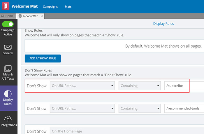Setting the Welcome Mat display rules