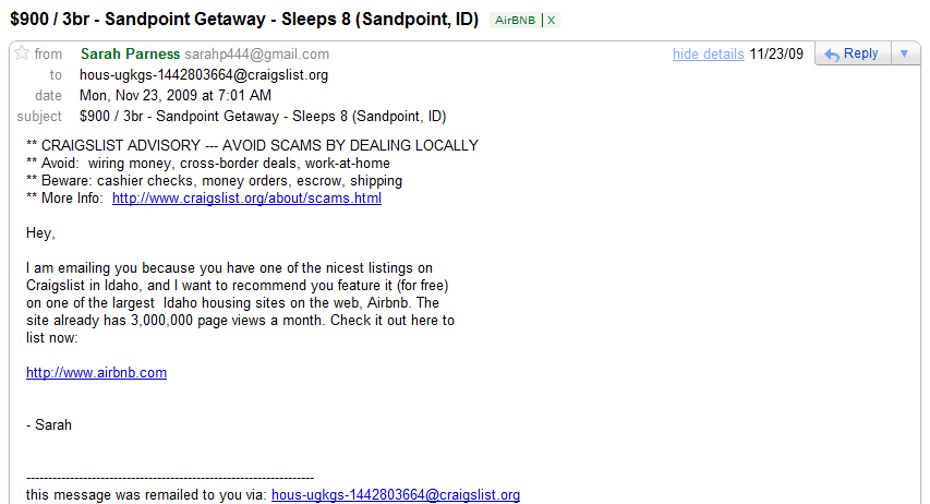 AirBnB Craiglist listing