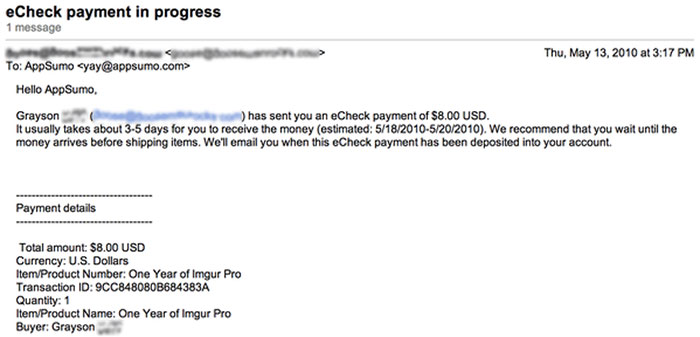 Appsumo sales confirmation
