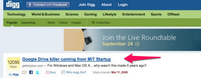 Dropbox promoting company on Digg