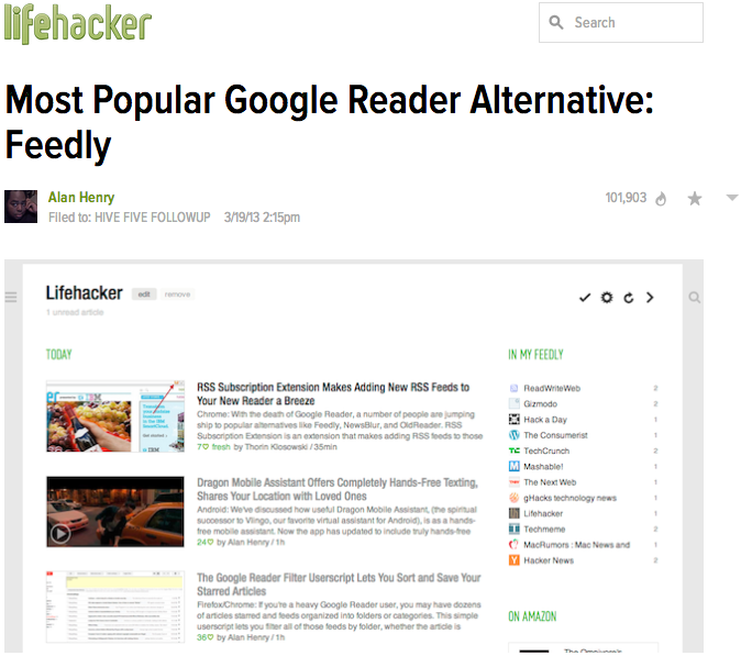 TechCrunch article talking about Feedly