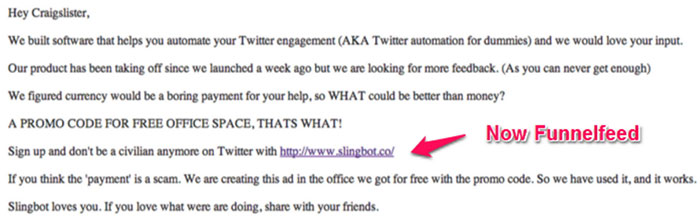 Funnelfeed Craigslist ad