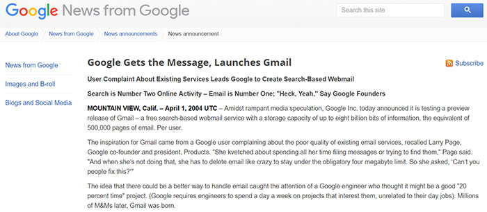 Gmail press release announcing Gmail product launch