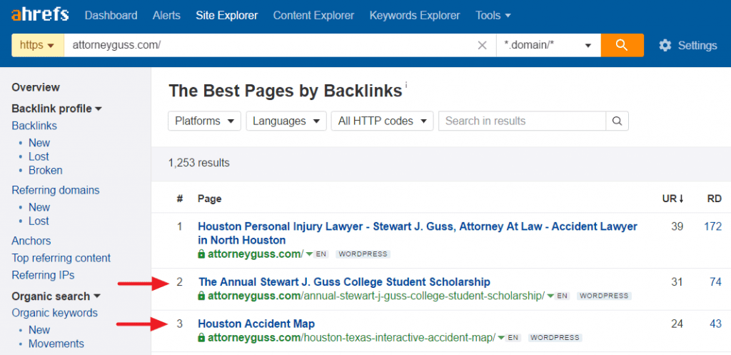 Best by links report for attorney website in Houston