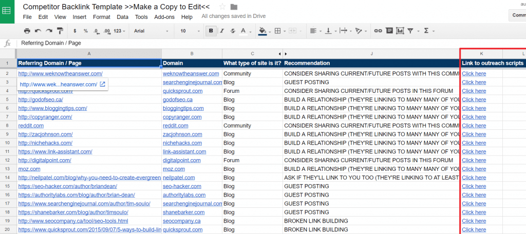 Link tracking template with outreach scripts