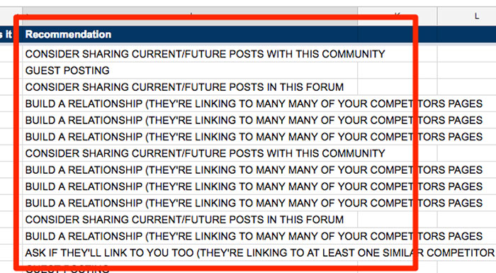 Recommendations tab in the link tracking sheet