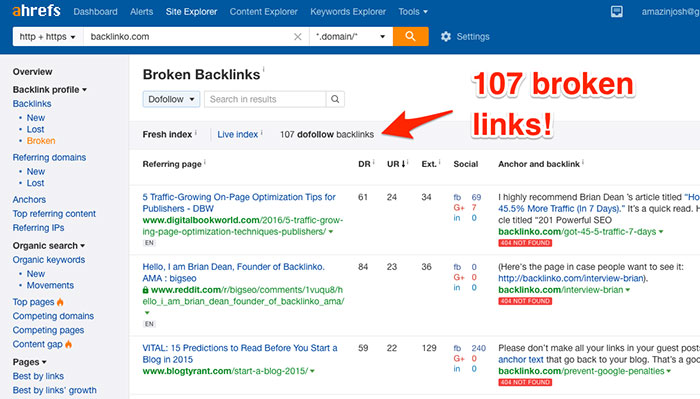 Ahrefs Broken Link report
