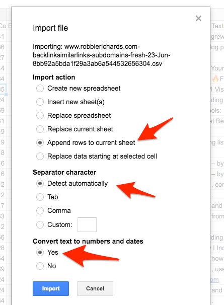 Backlink export settings