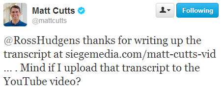 Matt Cutts Twitter response