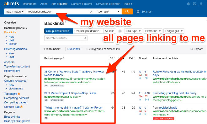 Use Ahrefs Site Explorer to find all sites linking to you