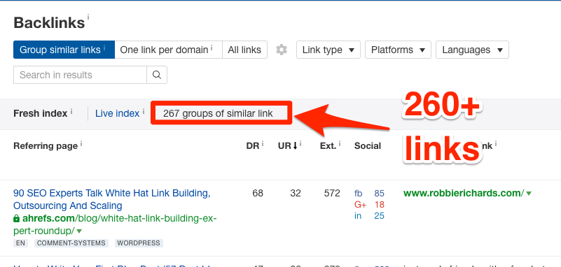 List of over 260 backlinks pointing to the home page