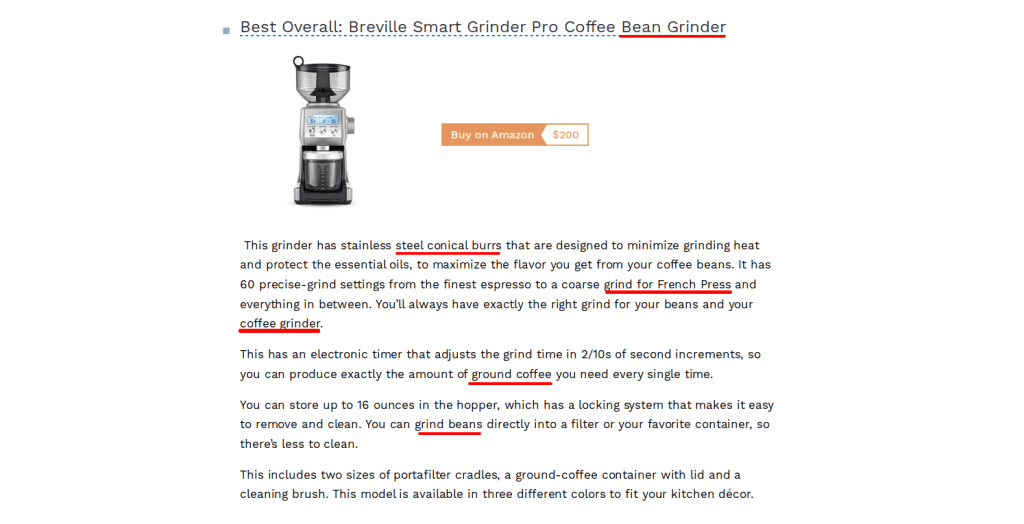 Example of using secondary keywords in the body copy