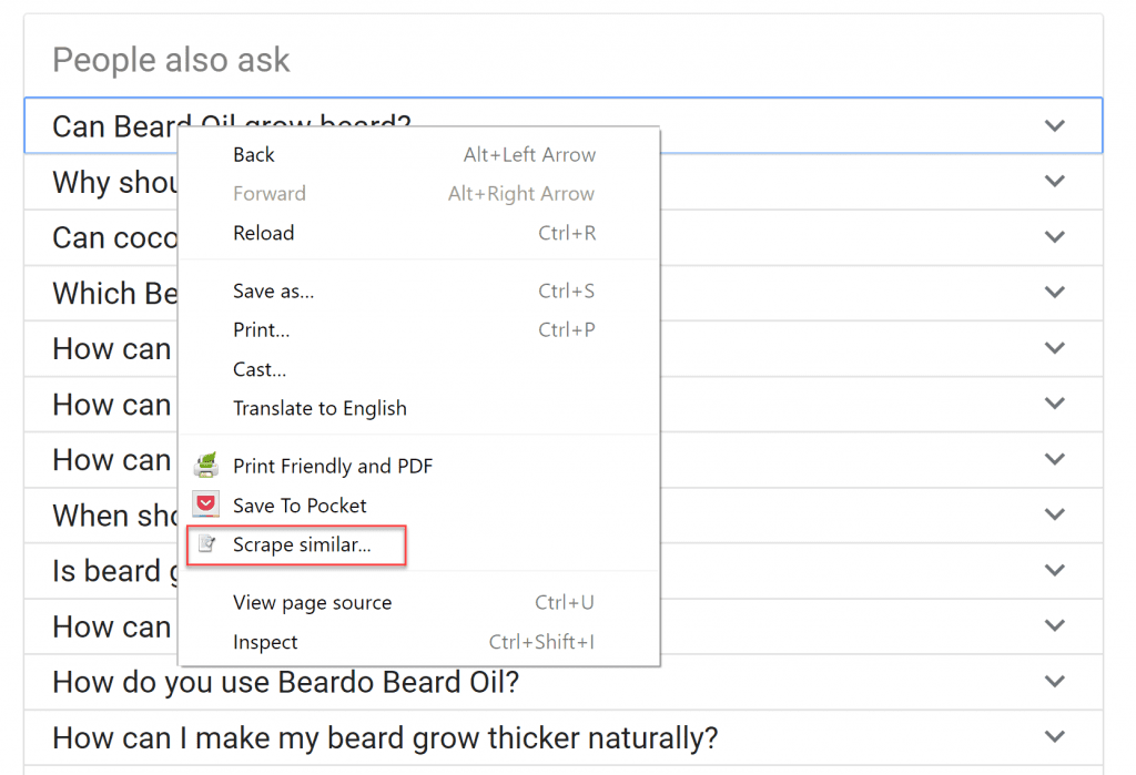 Using the scraper chrome extension to extract keyword ideas from the SERP