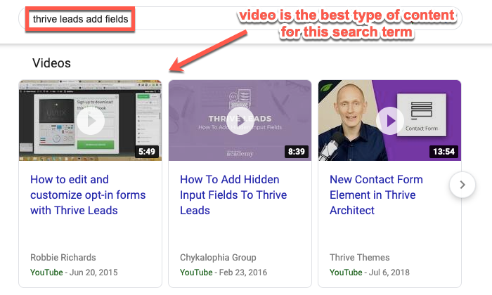 Example of video content types ranking in the SERPs Example of video content types ranking in the SERPs