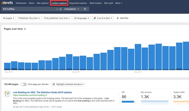 Ahrefs Content Explorer dashboard Ahrefs Content Explorer dashboard