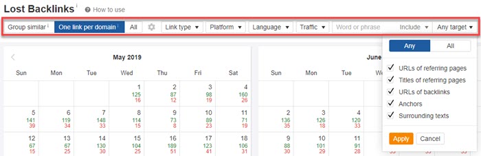 Ahrefs Lost Backlinks report filters Ahrefs Lost Backlinks report filters
