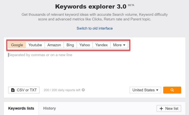 Searching for keyword ideas across multiple different search engines in Ahrefs Searching for keyword ideas across multiple different search engines in Ahrefs