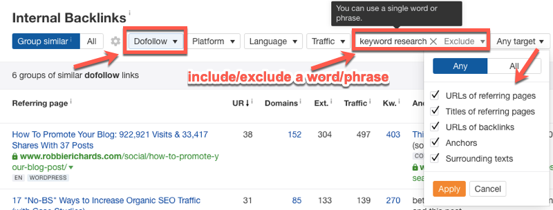 Using filters in the Internal Backlinks report Using filters in the Internal Backlinks report