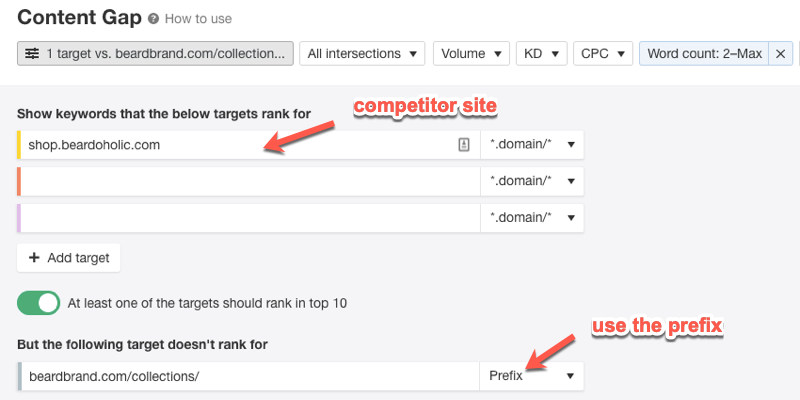 Using prefix filters in the Ahrefs Content Gap Analysis tool Using prefix filters in the Ahrefs Content Gap Analysis tool