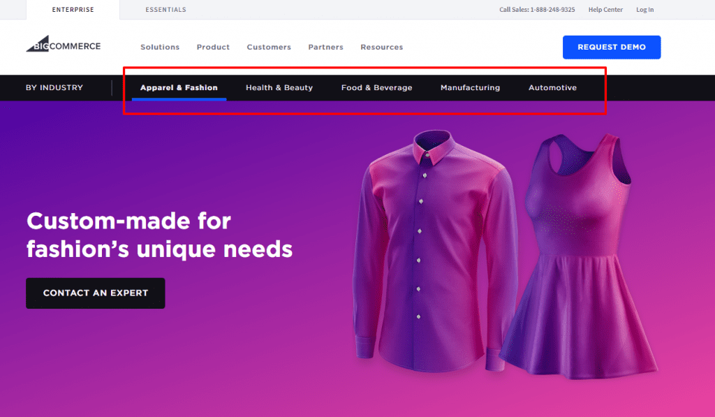 Example of Bigcommerce targeting solution keywords by industry