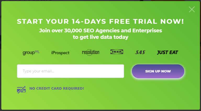 Pop up for signing up for a 14 day free trial of AccuRanker