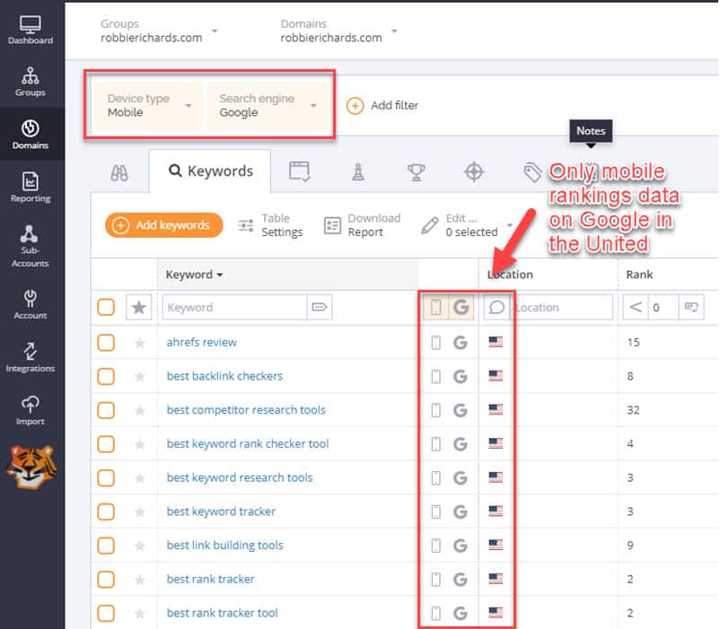Filtered mobile rankings view in AccuRanker