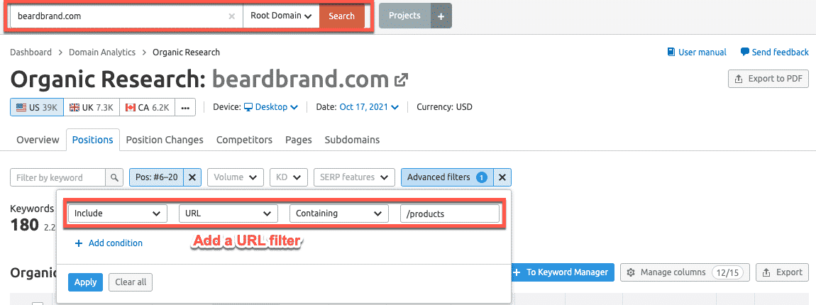 Using advanced URL filters in Semrush Using advanced URL filters in Semrush