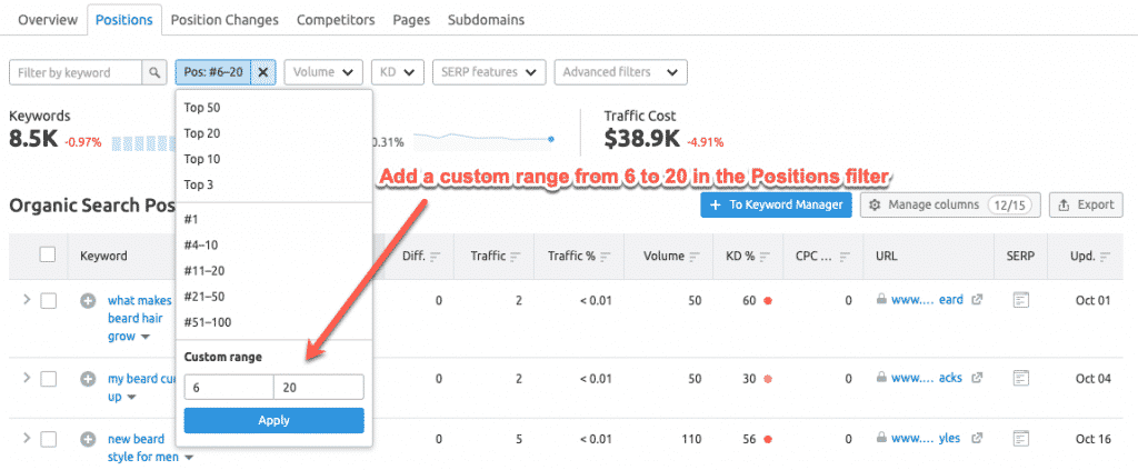Applying a position filter to the Organic Positions report Applying a position filter to the Organic Positions report
